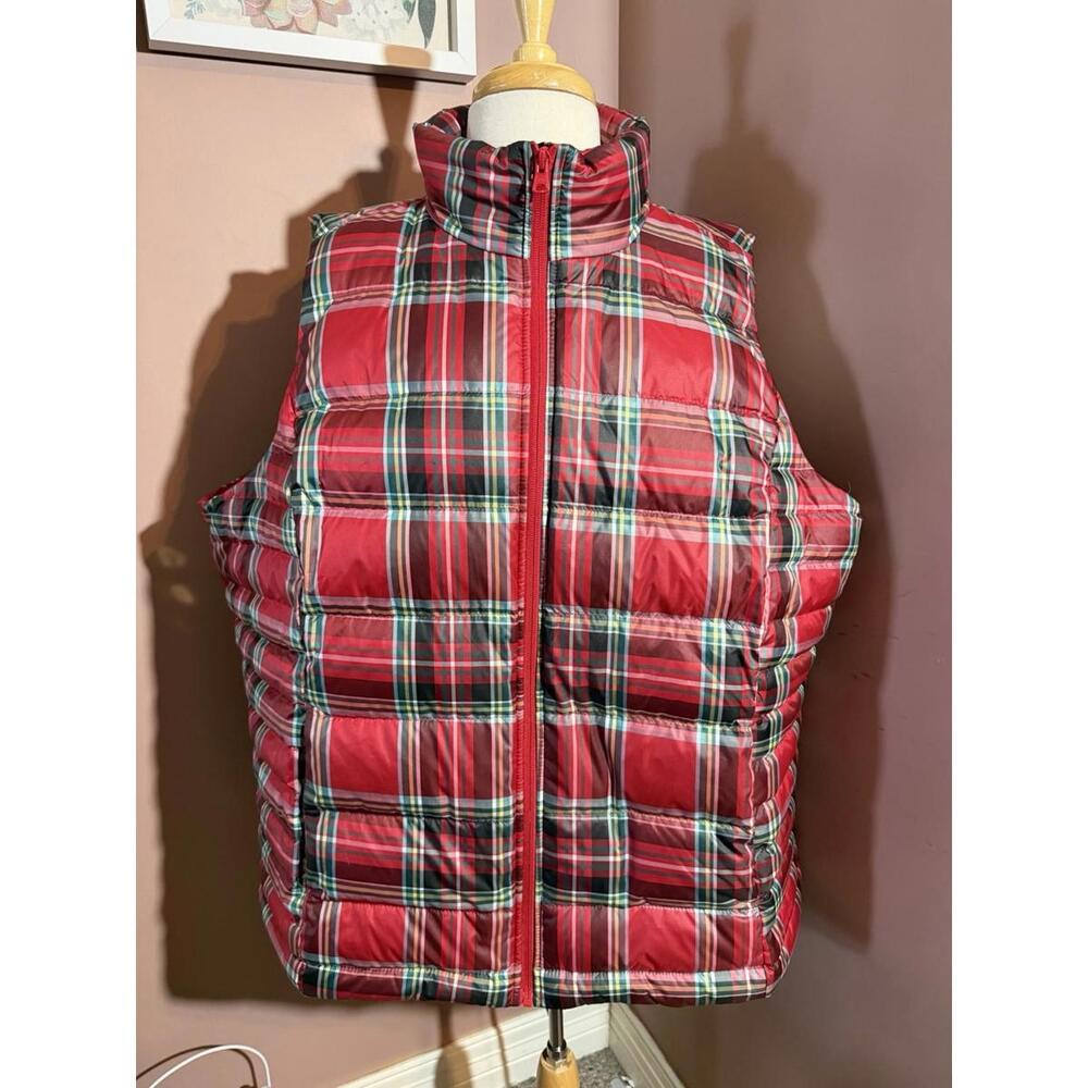 Lands End Full Zip Puffer Vest Womens Size 3X 24W-26W Red Green Tartan Plaid